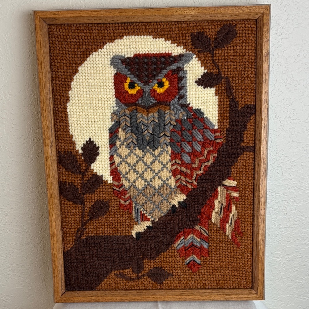 Vintage Owl Crewel Needlepoint Art in Wooden Frame- BOHO Gorgeous Hoo Hoo!